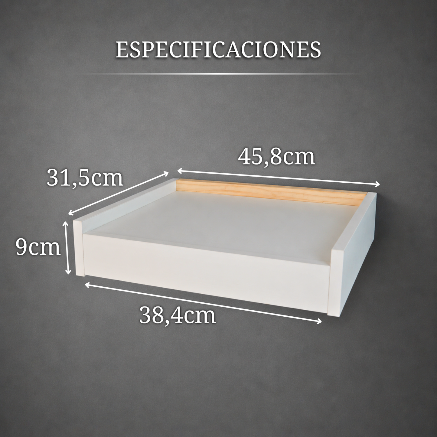 Medidas y especificaciones técnicas de la mesita flotante Beetle Float con compartimento oculto.