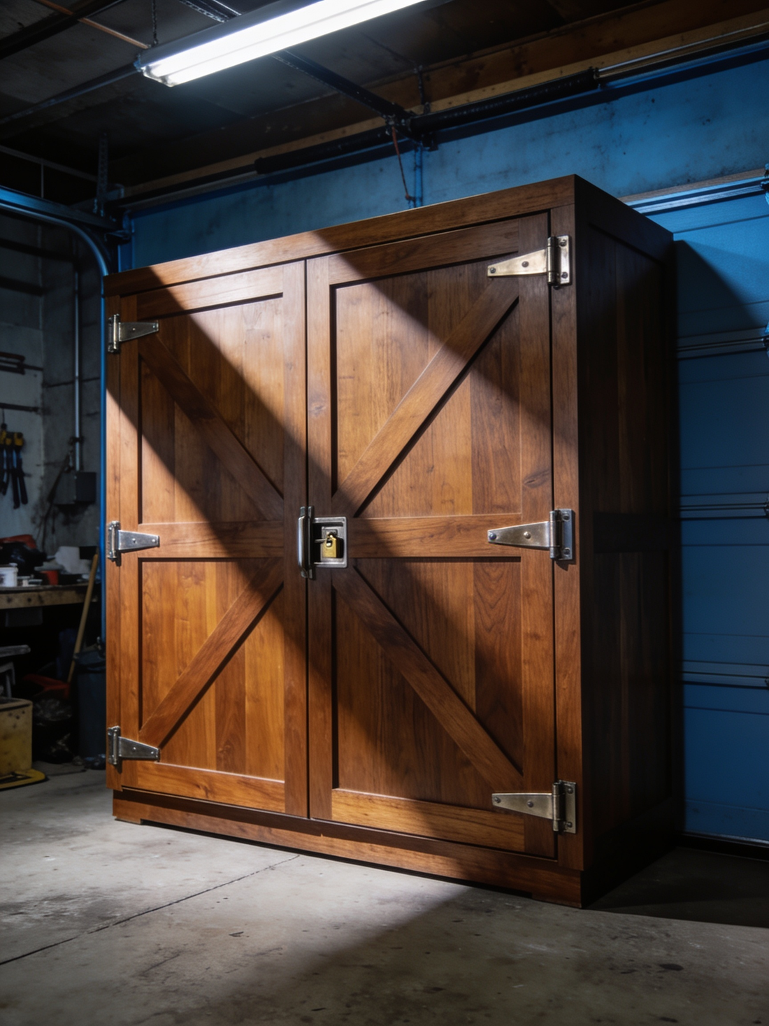 Armario de garaje robusto de madera maciza con herrajes metálicos y cierre seguro — Beetle Wood®