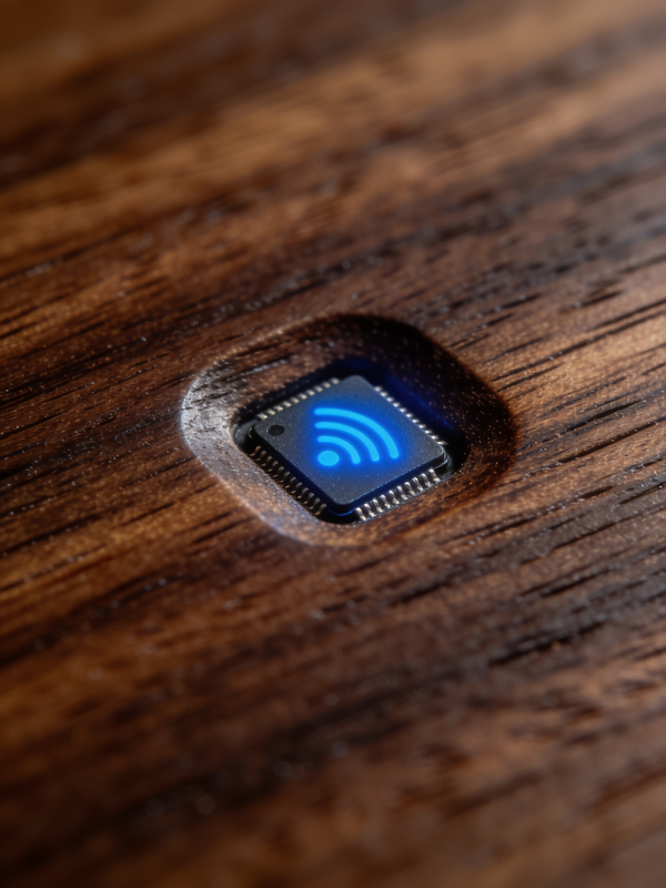 Sensor NFC integrado en madera de nogal — fotografía macro — Beetle Wood®