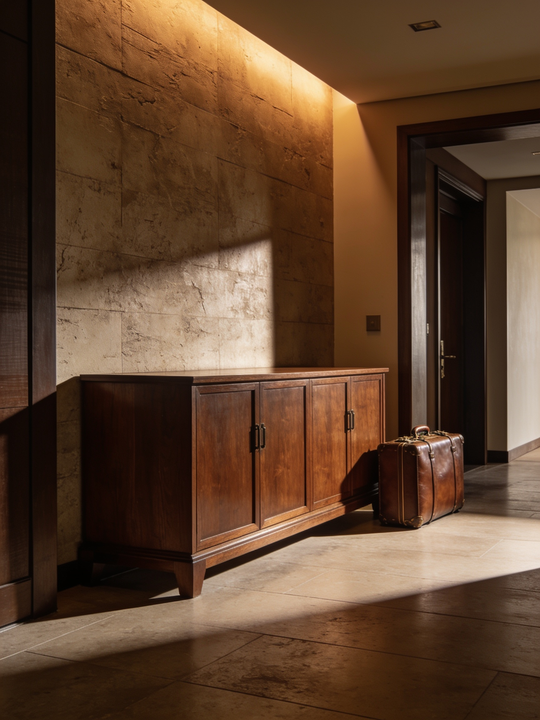 Credenza de recibidor de entrada con maleta de viaje — Beetle Wood®