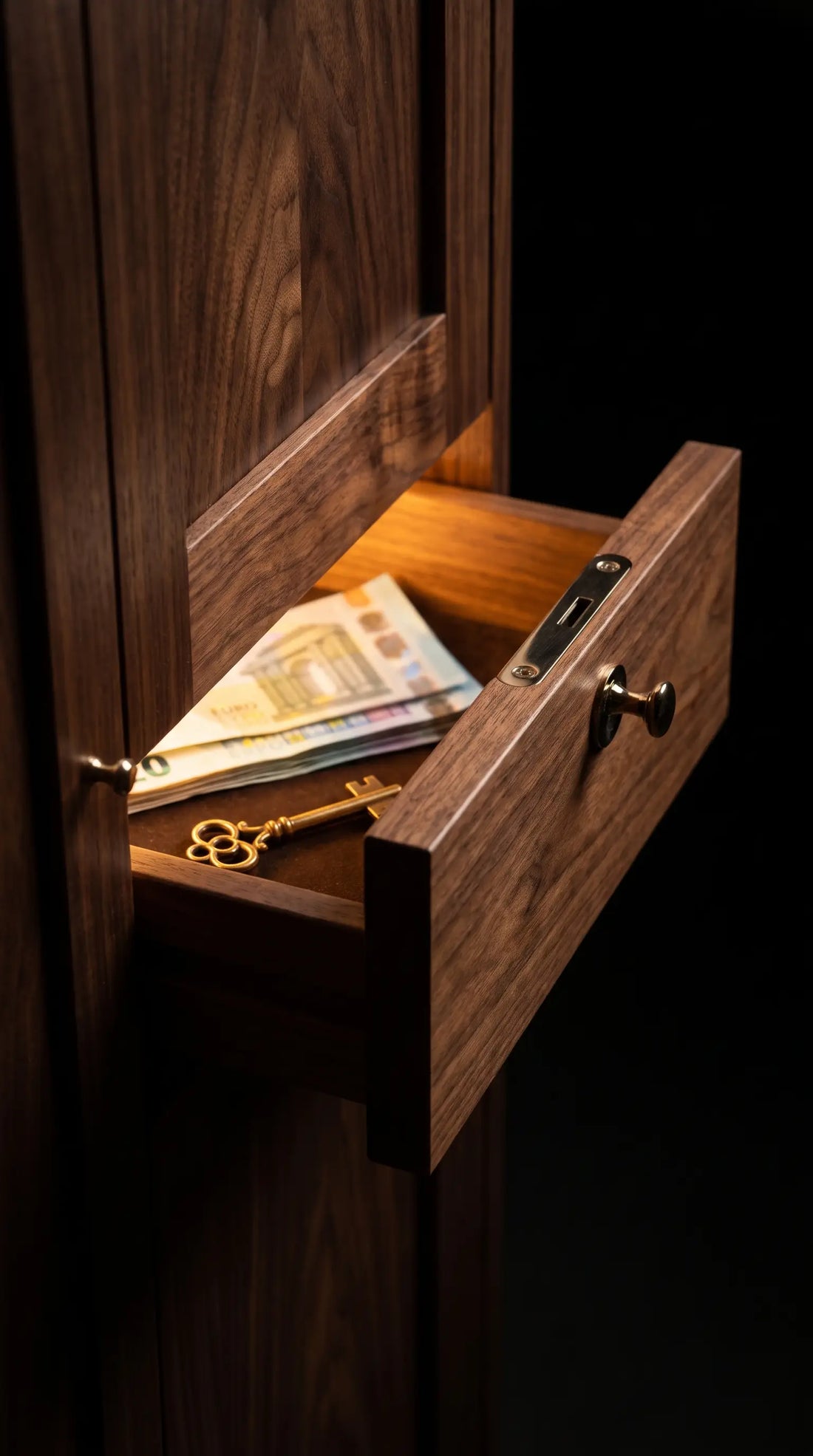 Tiroir secret en bois révélant billets et clé dorée — Beetle Wood