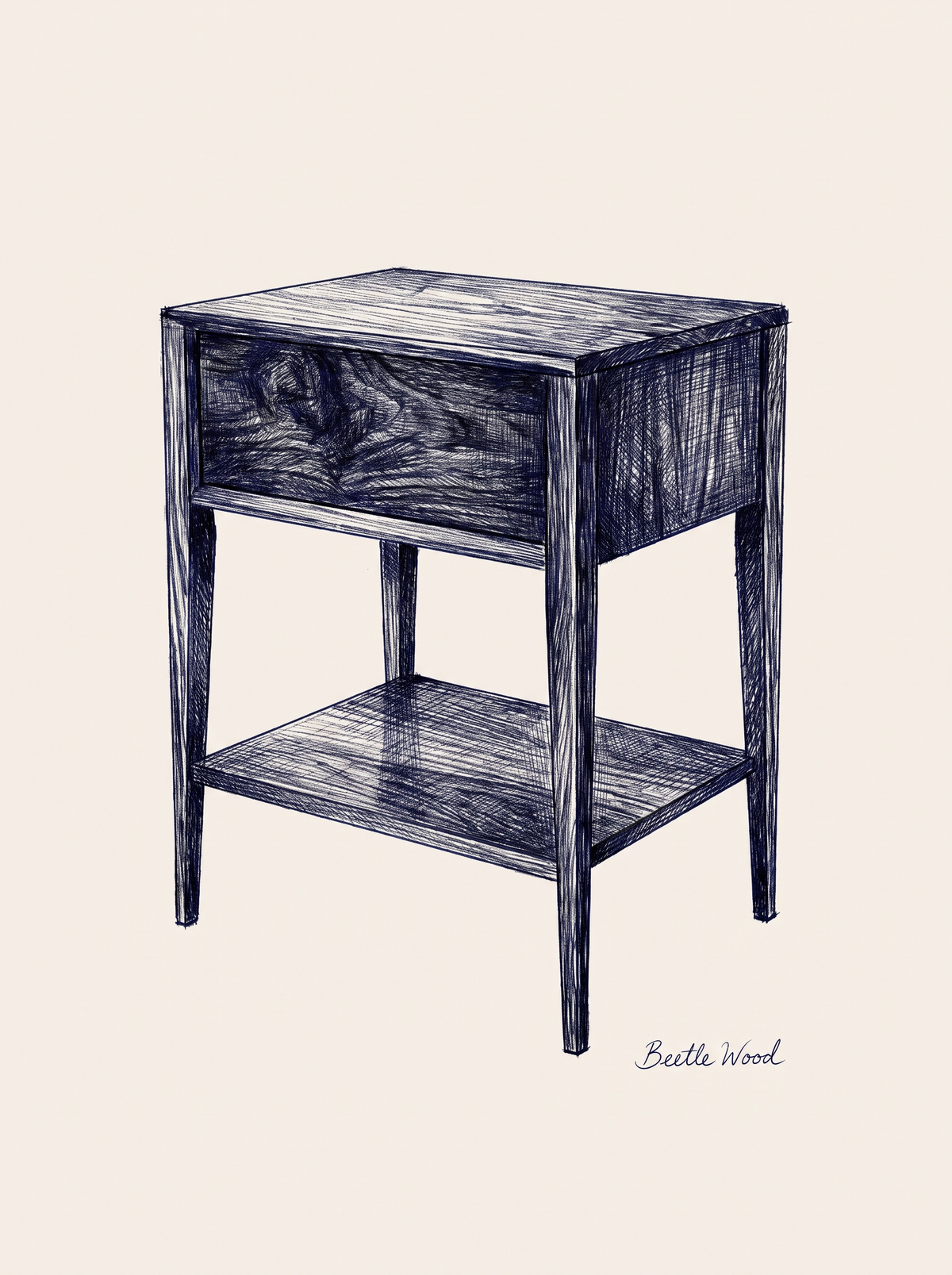 Boceto a bolígrafo de mesa auxiliar con compartimento secreto oculto – Beetle Wood®