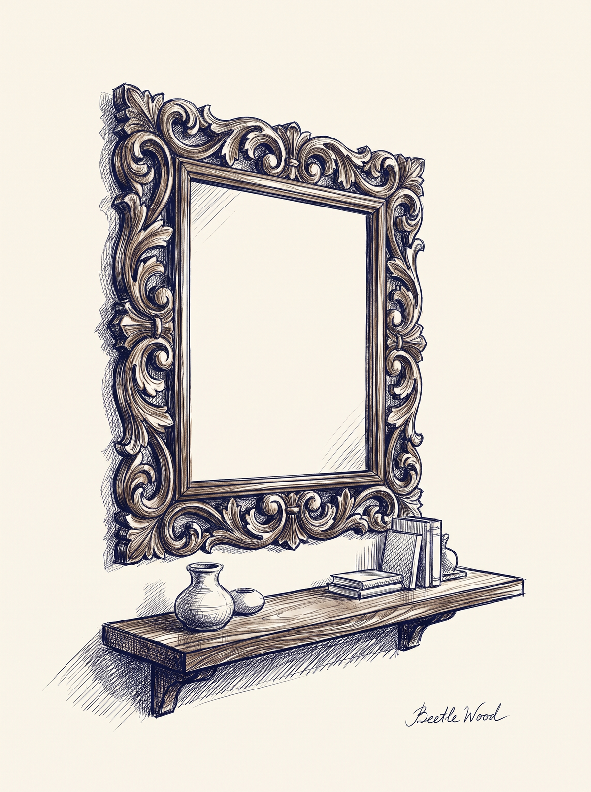 Boceto a bolígrafo de espejo y estantería con compartimento secreto – Beetle Wood®