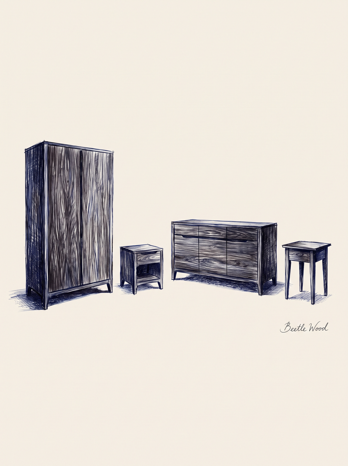 Boceto a bolígrafo de colección completa de muebles con compartimento secreto – Beetle Wood®