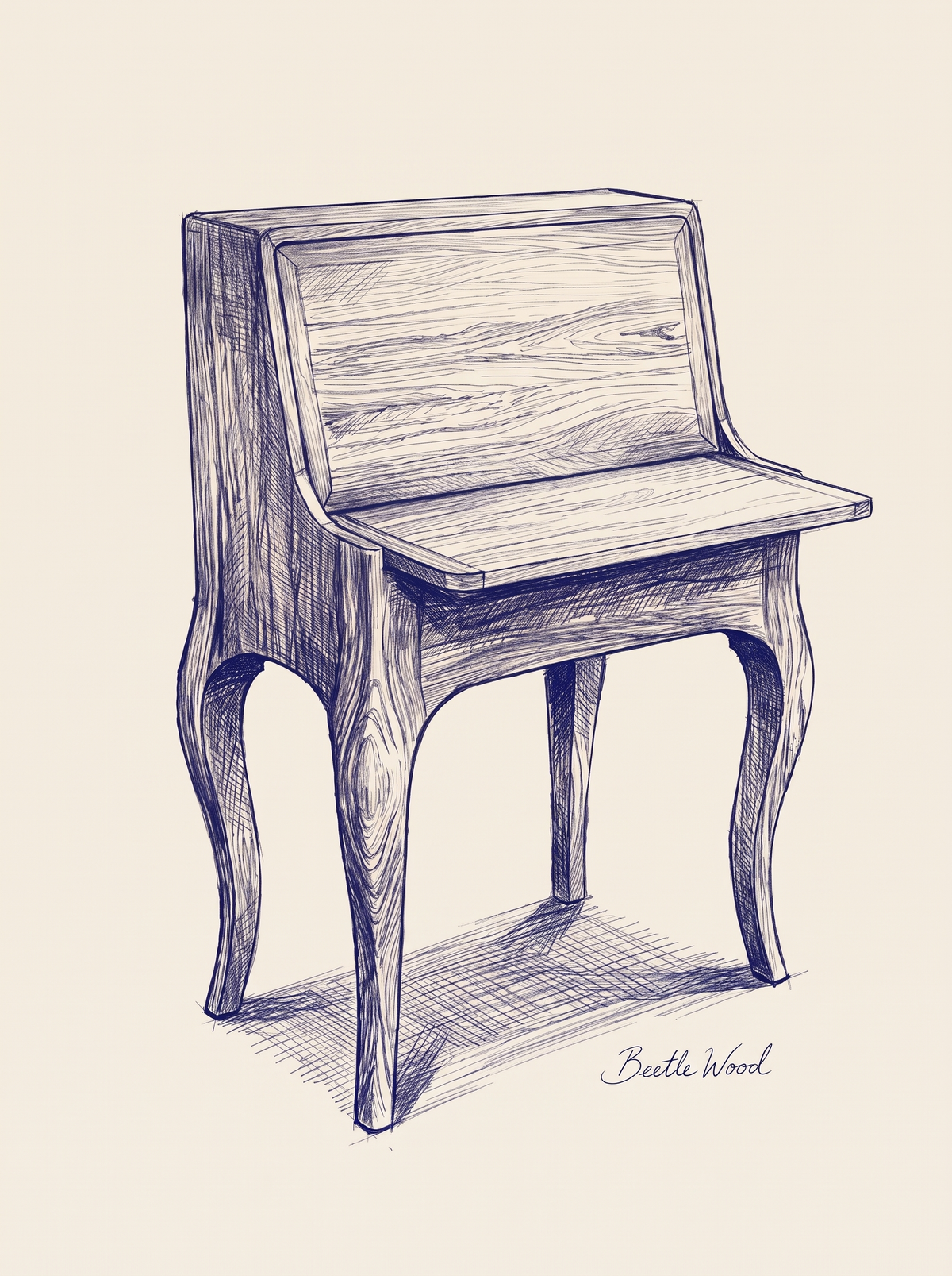 Boceto a bolígrafo de secretaire artesanal con compartimento oculto – Beetle Wood®