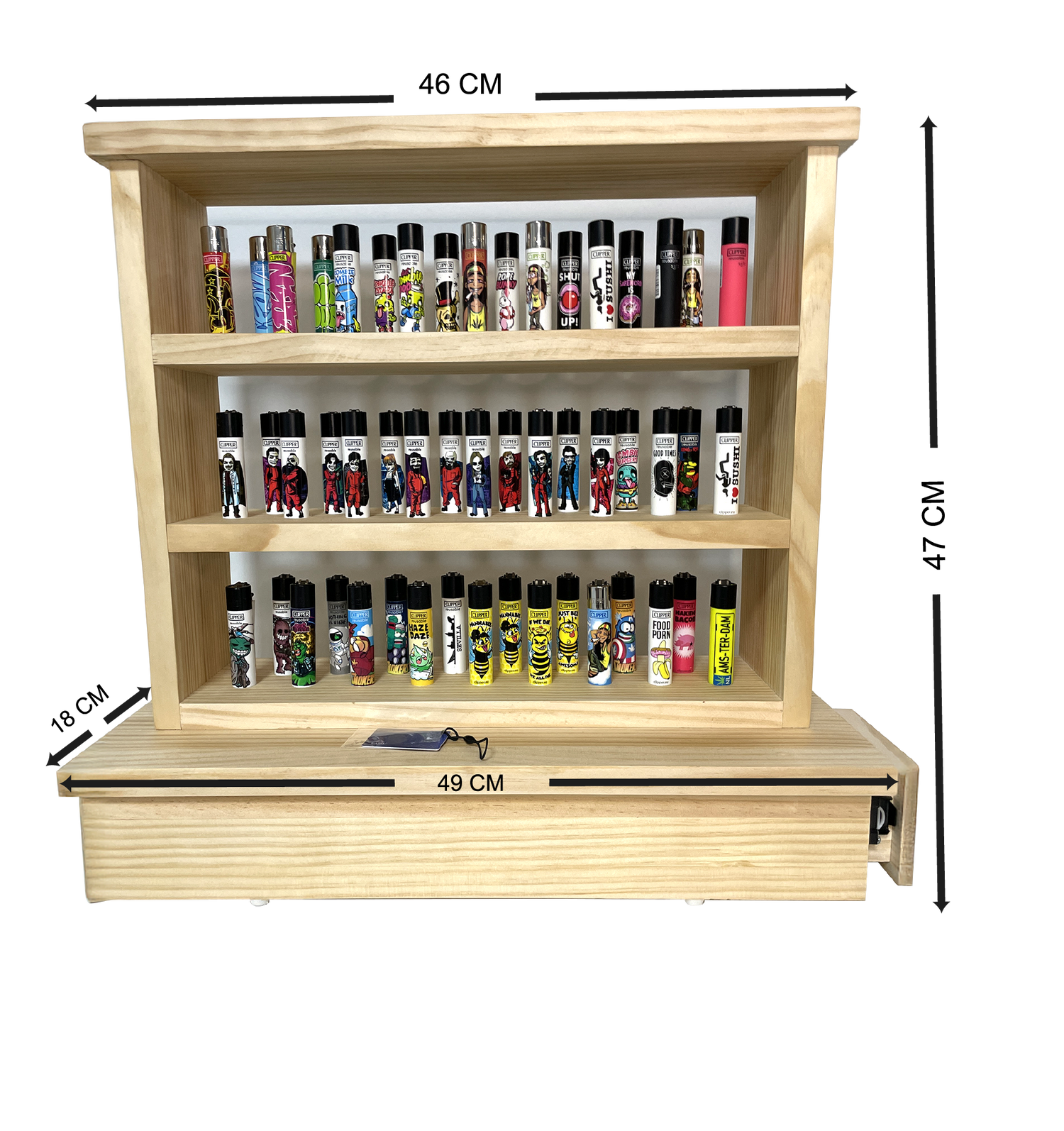 expositor de mecheros en pino macizo natural Beetle Wood con sistema de ocultación integrado y apariencia convencional completamente cerrado y lleno de mecheros expuestos con dimensiones puetas