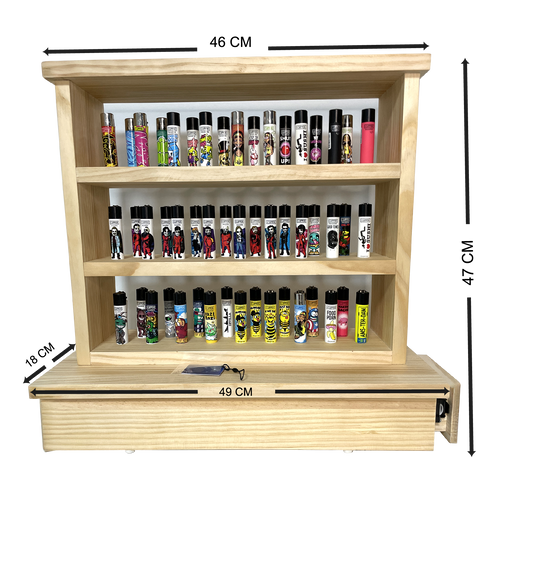 expositor de mecheros en pino macizo natural Beetle Wood con sistema de ocultación integrado y apariencia convencional completamente cerrado y lleno de mecheros expuestos con dimensiones puetas