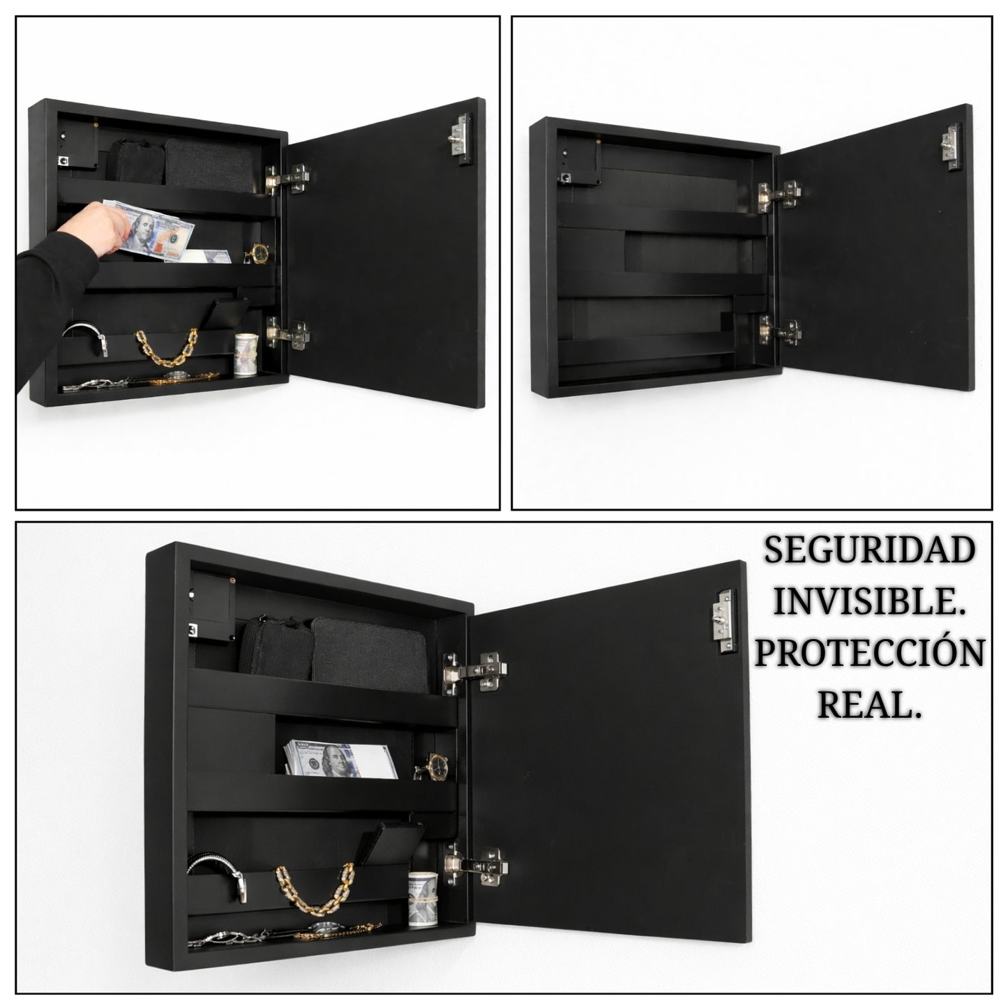 collage espejo con compartimento secreto rfid nfc mostrando interior almacenamiento y sistema de seguridad invisible