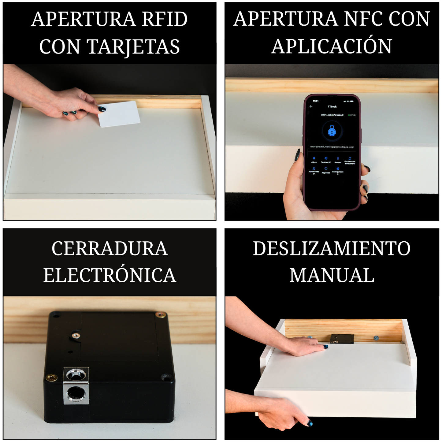 Sistema RFID, NFC y cerradura electrónica de la mesita flotante Beetle Float con apertura inteligente.