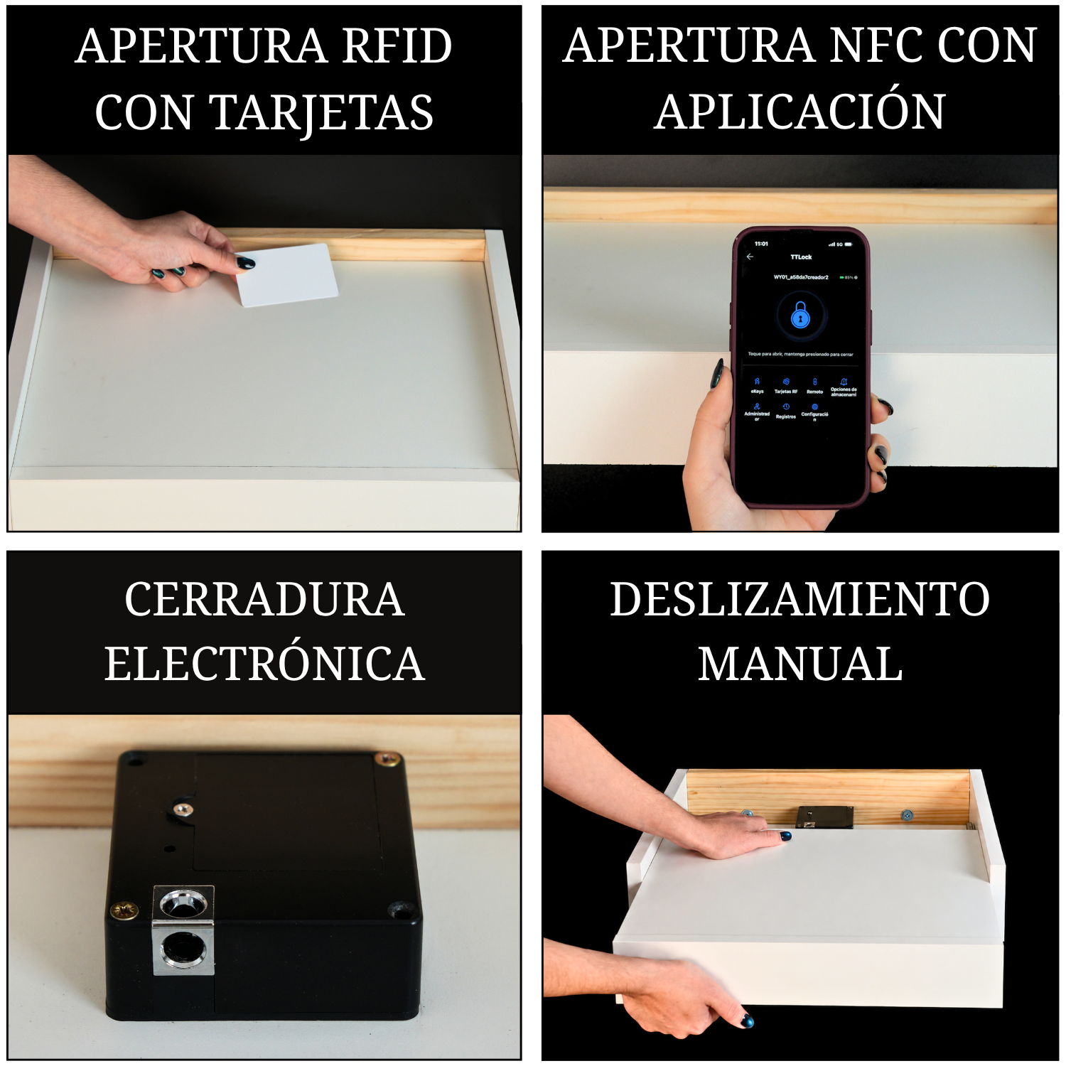 Sistema RFID, NFC y cerradura electrónica de la mesita flotante Beetle Float con apertura inteligente.
