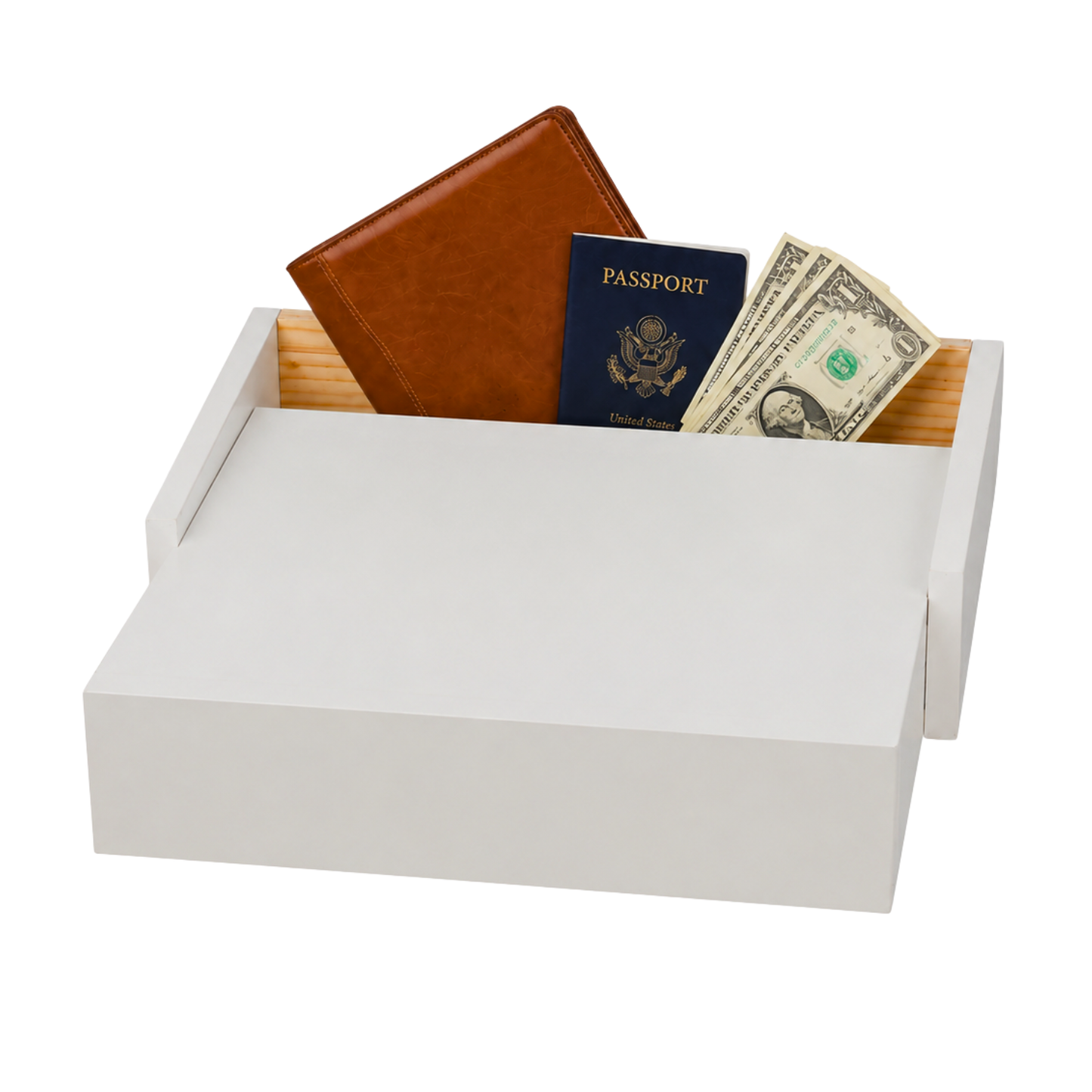 Mesita flotante Beetle Float con compartimento secreto oculto para guardar documentos, dinero y objetos personales.