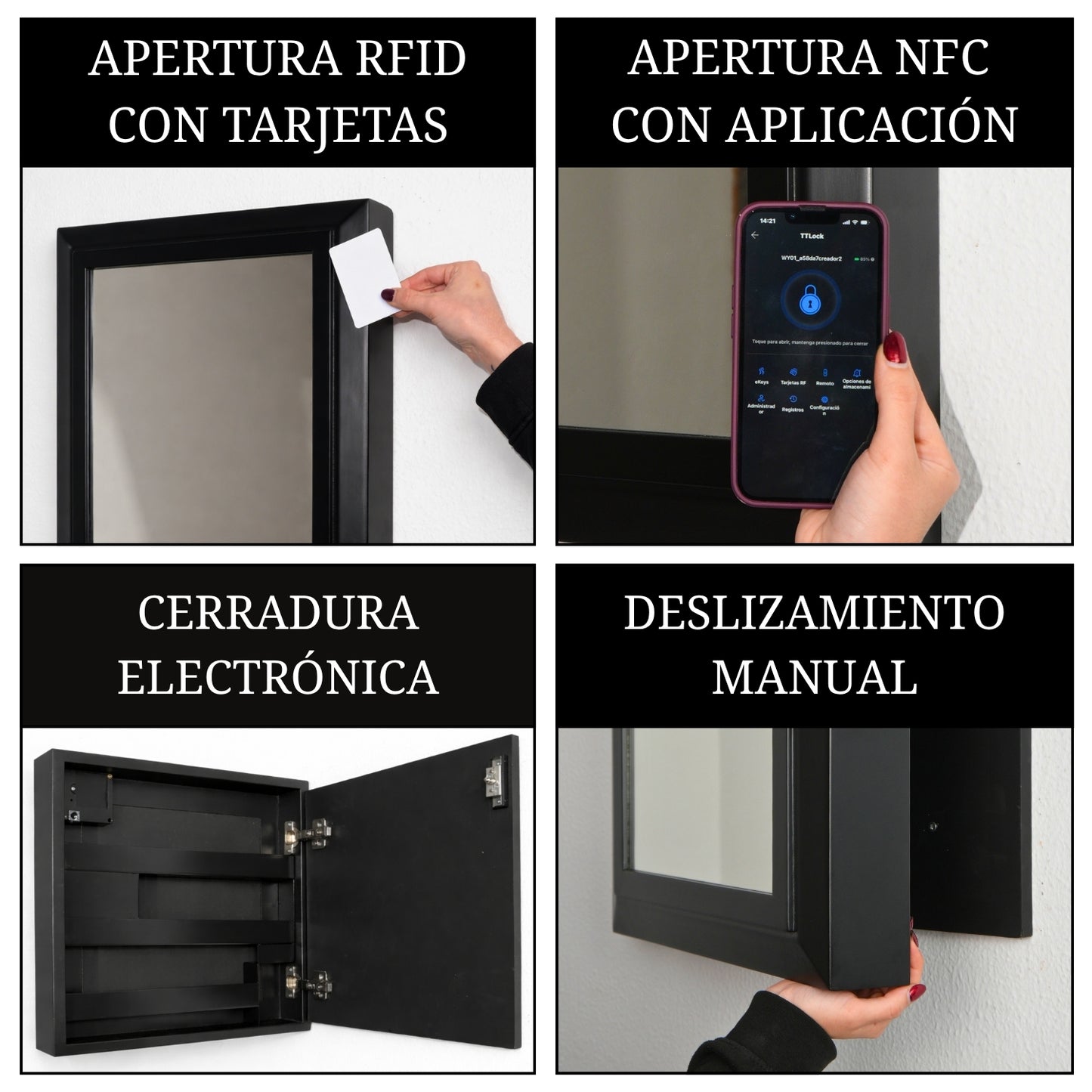 collage espejo secreto con apertura rfid con tarjeta nfc con app cerradura electronica y sistema manual