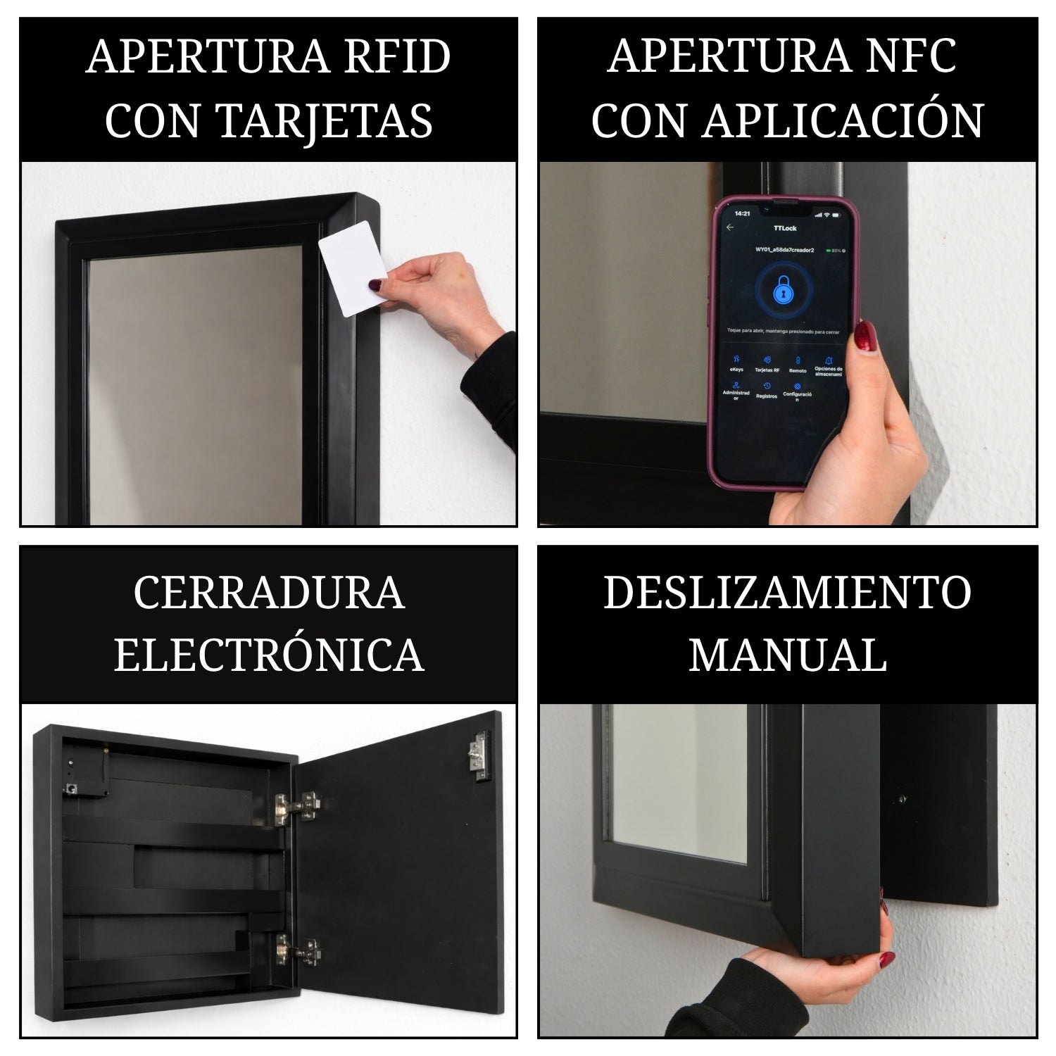 collage espejo secreto con apertura rfid con tarjeta nfc con app cerradura electronica y sistema manual