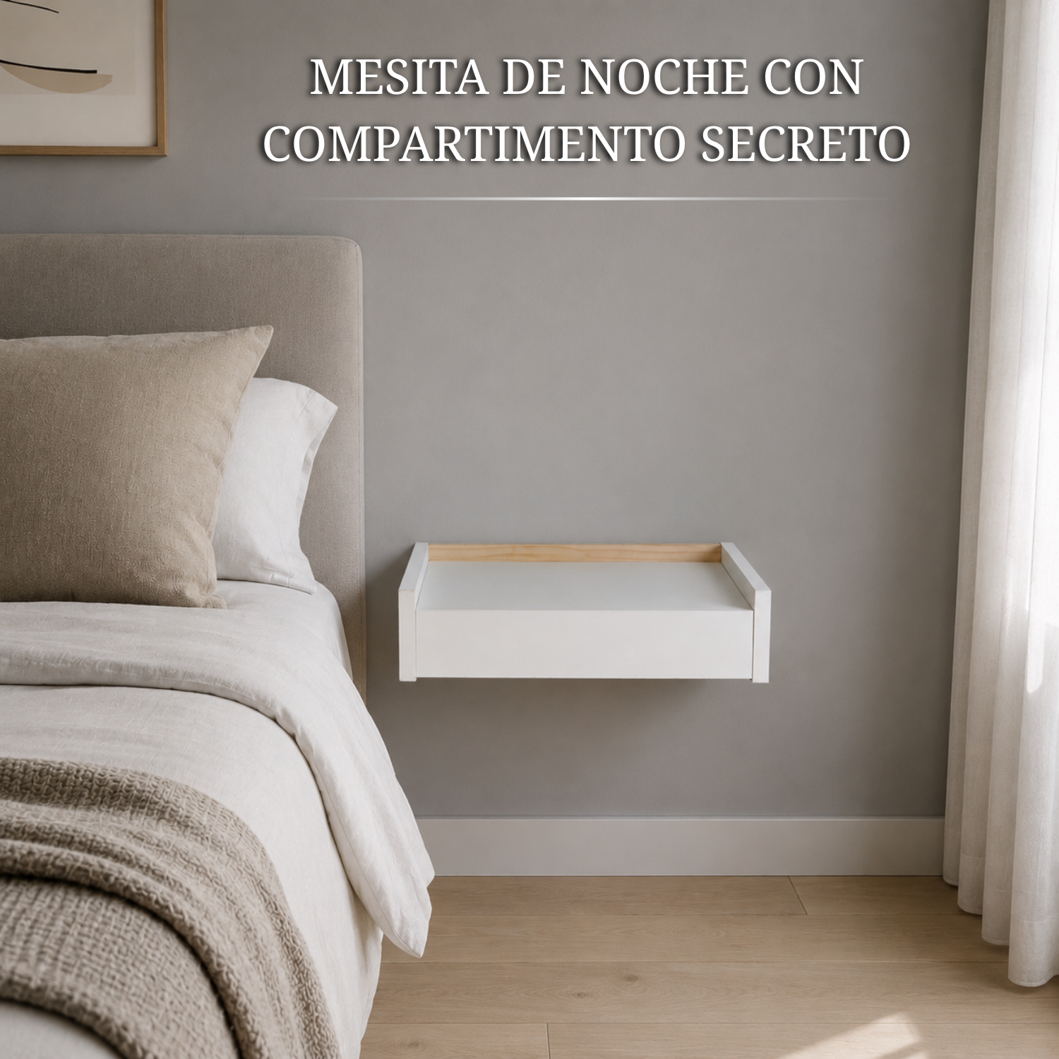 Mesita de noche flotante Beetle Float con compartimento secreto y diseño moderno suspendido.