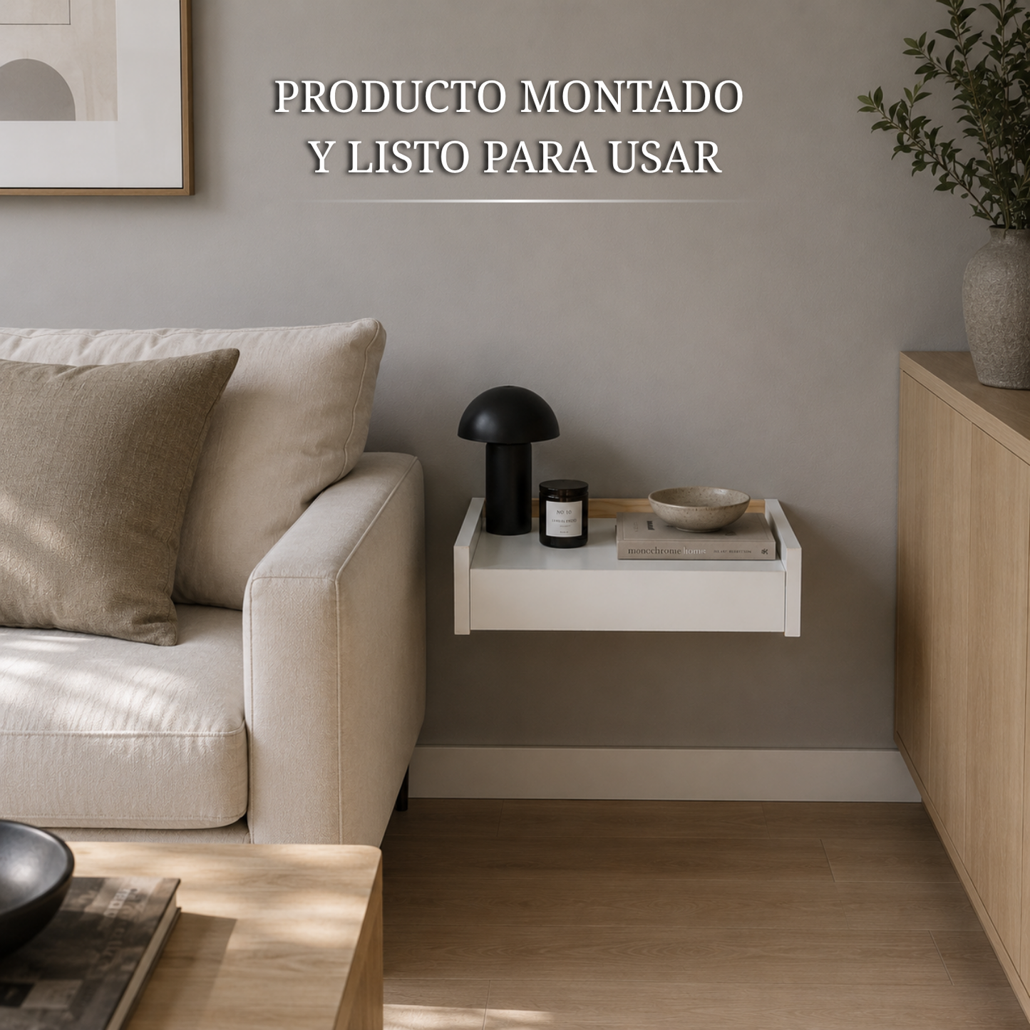 Mesita flotante Beetle Float completamente montada y lista para instalar en dormitorio moderno.