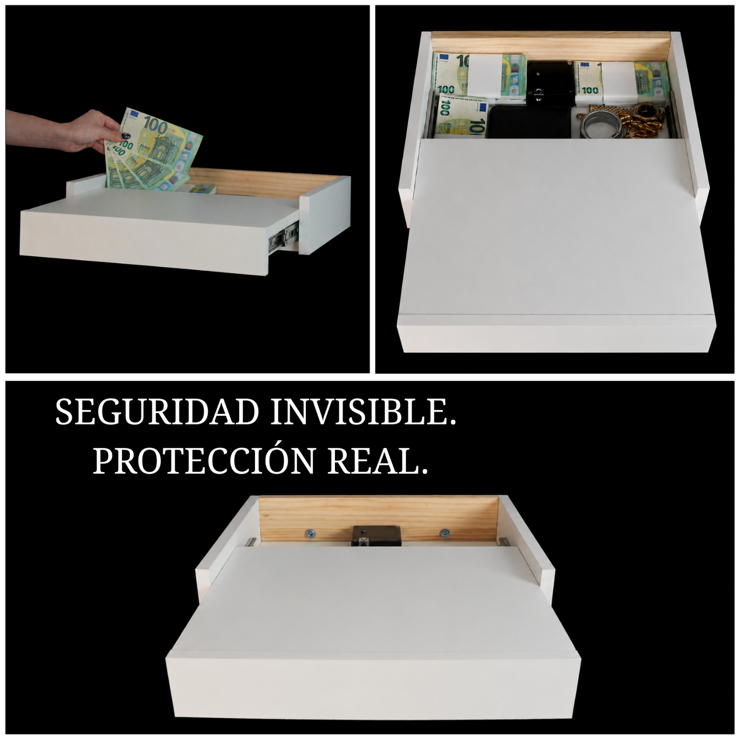 Sistema de almacenamiento oculto y compartimento secreto de seguridad integrado en la mesita Beetle Float.