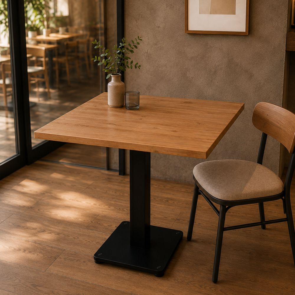 Mesa Beetle Wood con tablero de madera y compartimento oculto integrada en un espacio interior junto a una silla.
