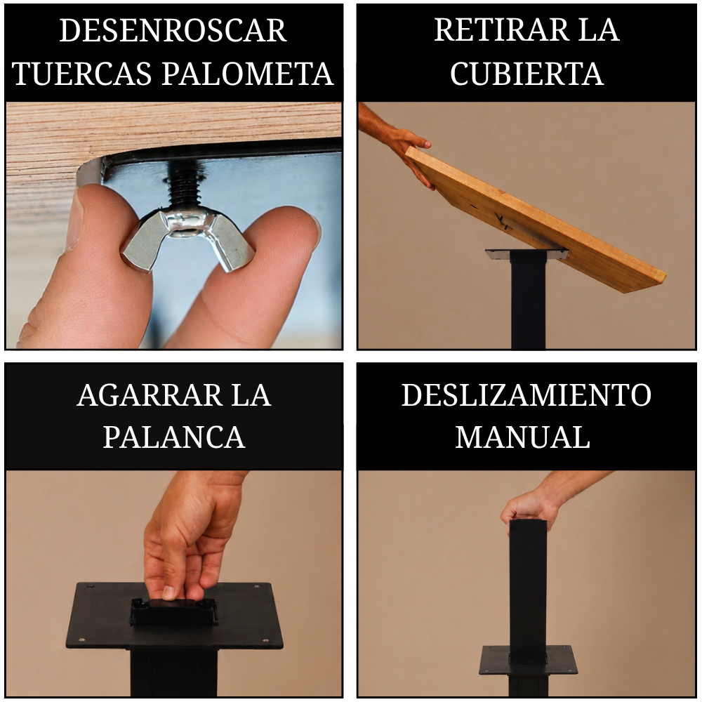 Sistema de apertura manual de mesa Beetle Wood con compartimento secreto mediante cubierta desmontable, palanca y mecanismo deslizante.