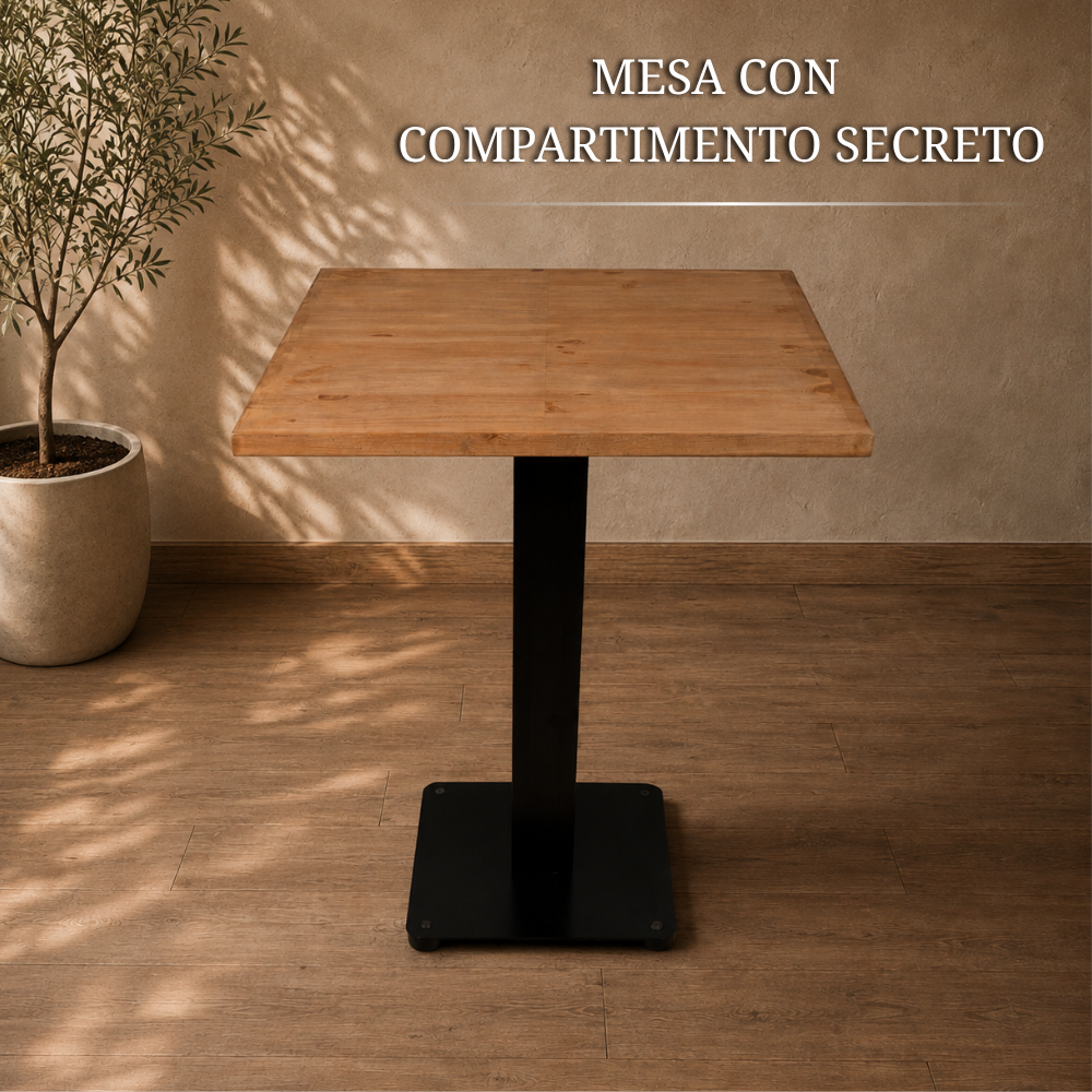 Mesa de madera Beetle Wood con pata metálica negra y compartimento secreto manual completamente oculto en su estructura central.