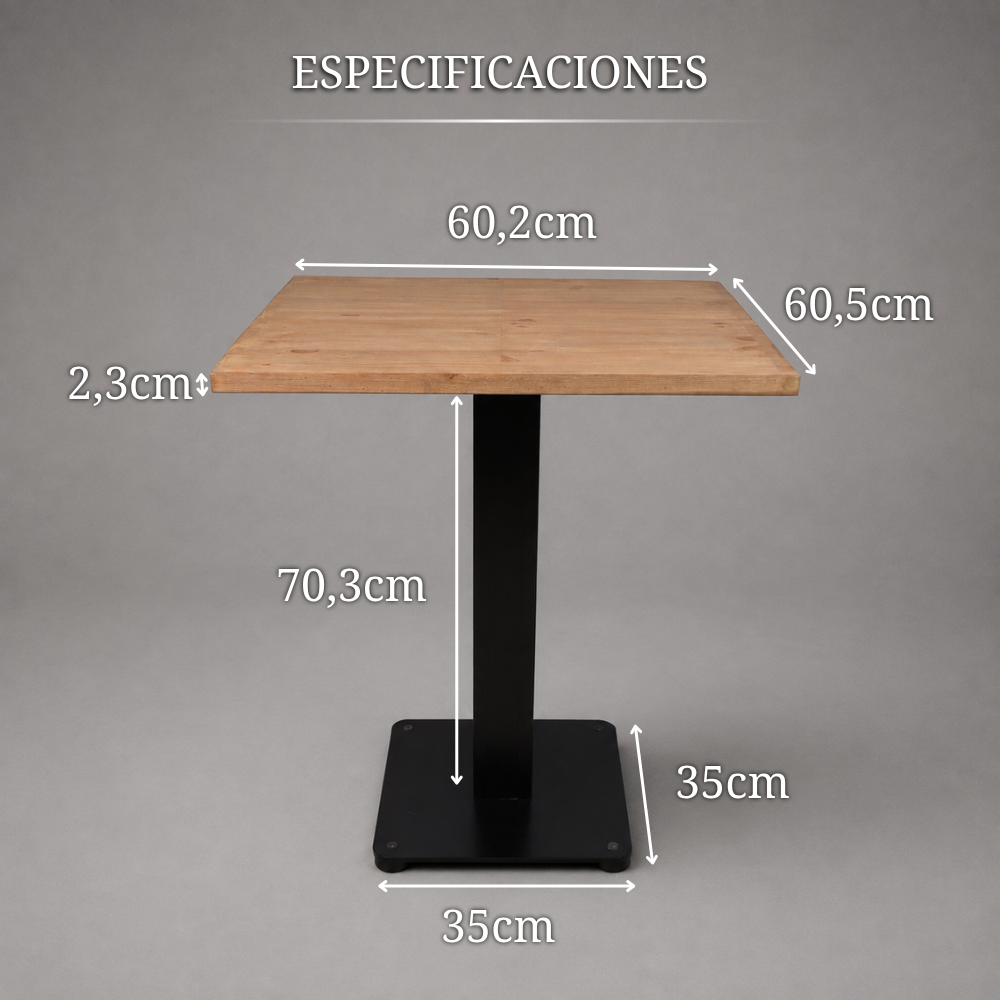 Mesa Beetle Wood con compartimento secreto y medidas: tablero de 60,2 × 60,5 cm, base de 35 × 35 cm y estructura central metálica.