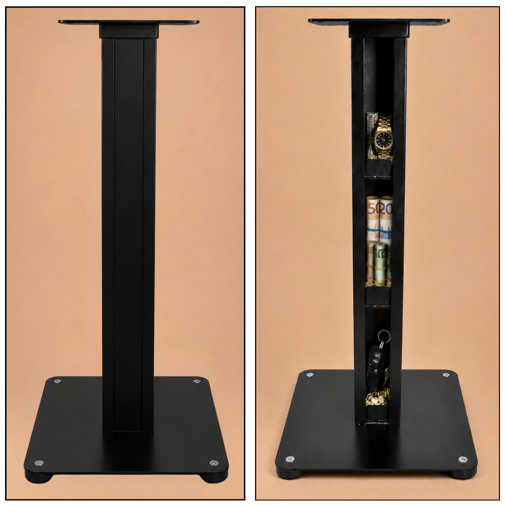 Comparativa de la pata de mesa Beetle Wood cerrada y abierta mostrando el compartimento secreto vertical para guardar objetos personales.