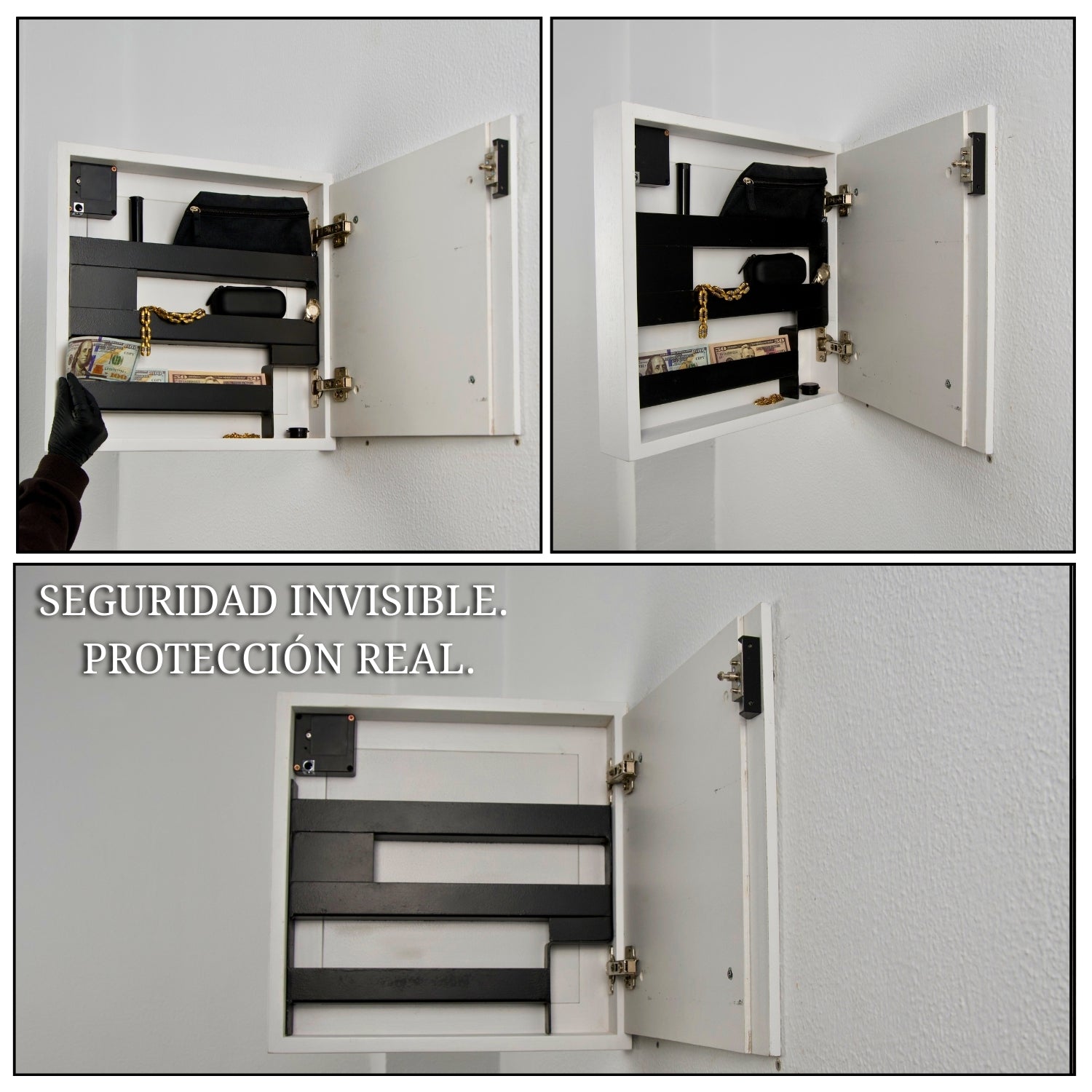 detalle interior de compartimento secreto oculto en espejo blanco Beetle Wood