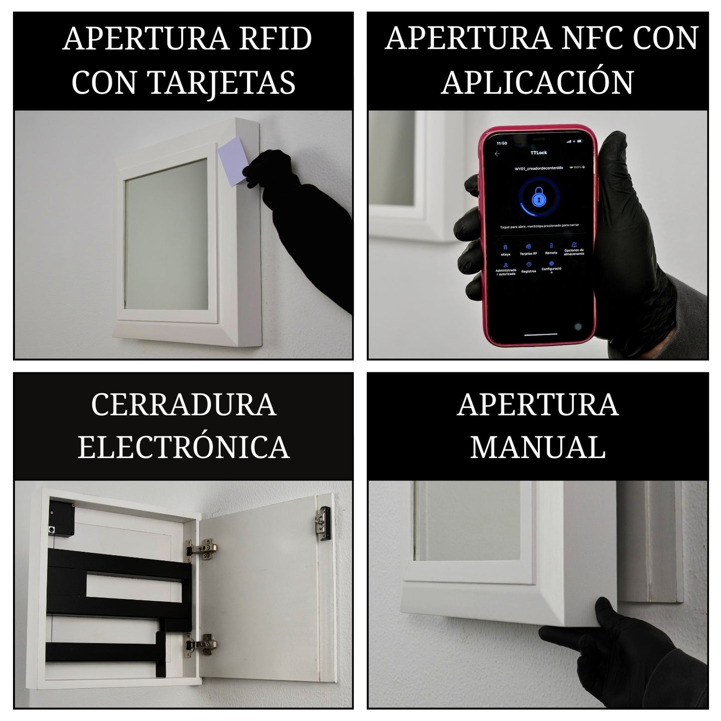 espejo con compartimento secreto con sistema de apertura RFID NFC y cerradura electrónica oculta para máxima seguridad en el hogar