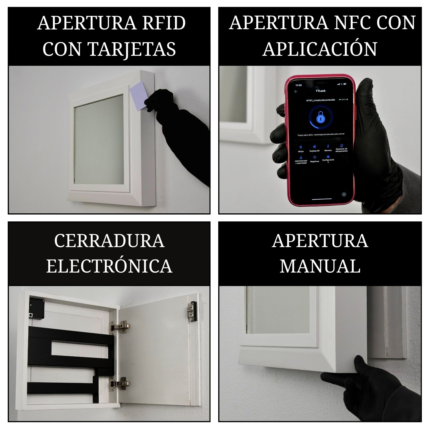 espejo con compartimento secreto con sistema de apertura RFID NFC y cerradura electrónica oculta para máxima seguridad en el hogar