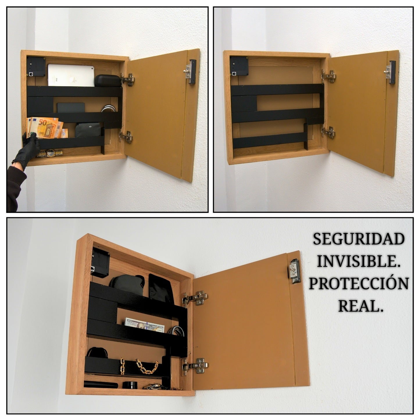 mueble con escondite oculto abierto mostrando sistema de almacenamiento seguro y protección invisible