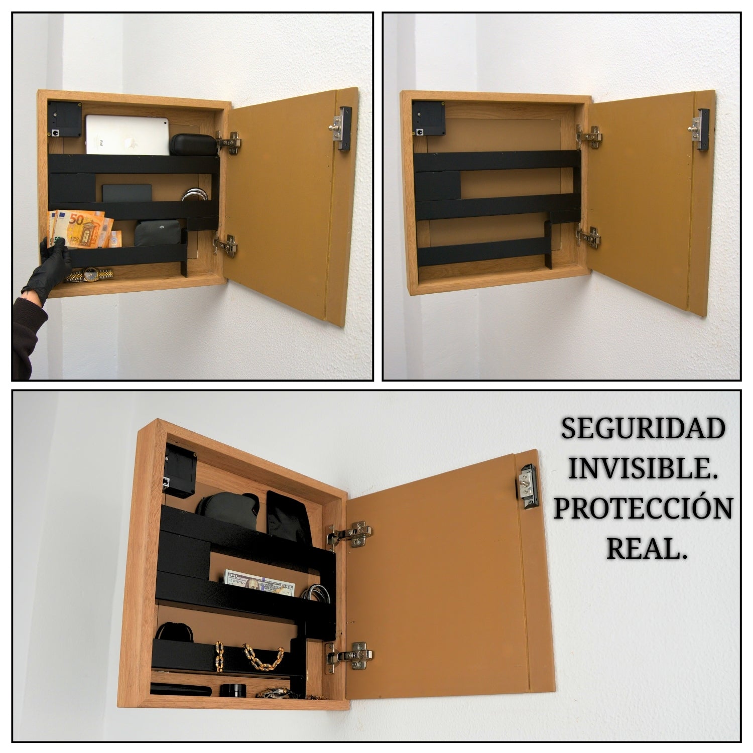 mueble con escondite oculto abierto mostrando sistema de almacenamiento seguro y protección invisible