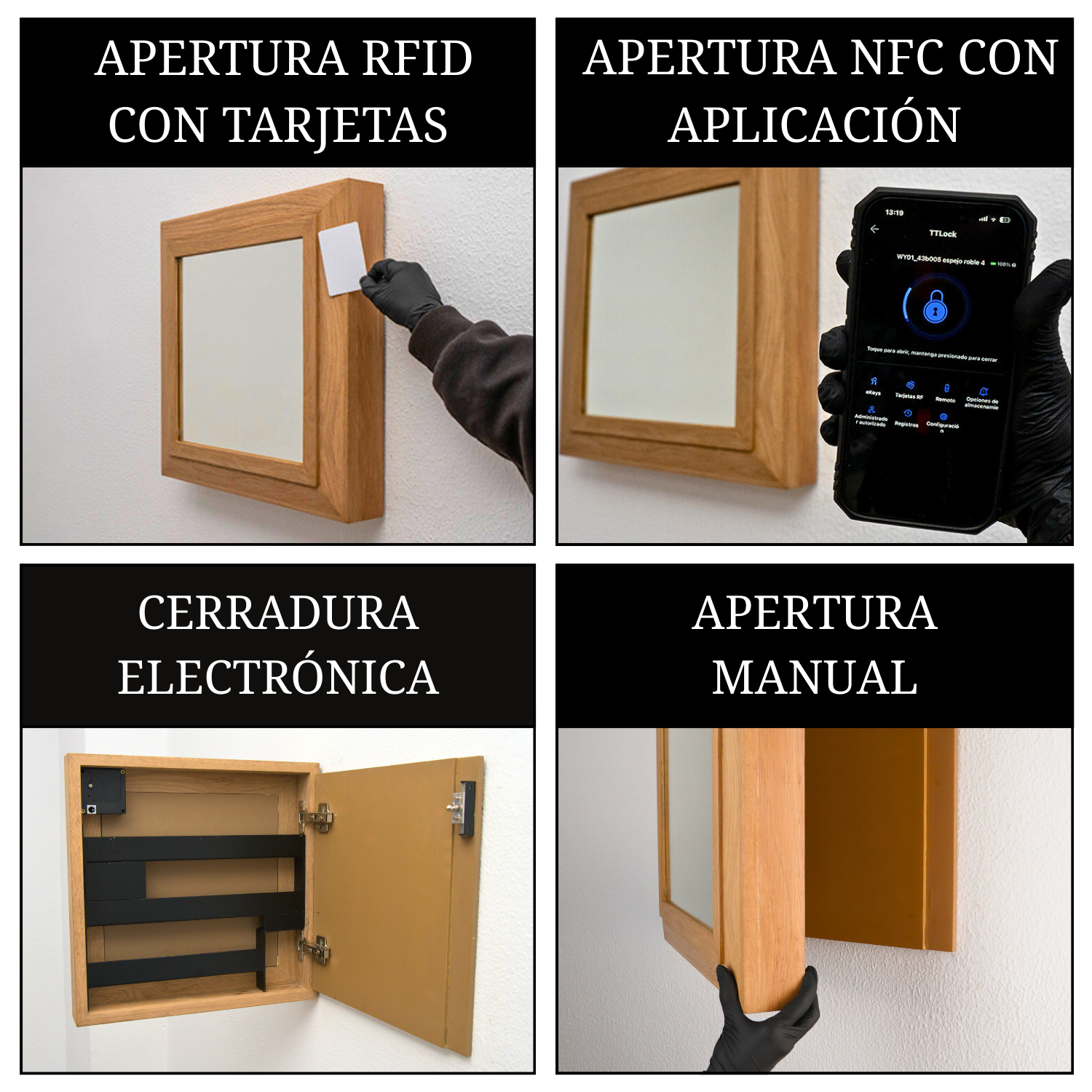 espejo de madera con compartimento secreto con apertura RFID NFC mediante tarjeta o móvil y cerradura electrónica oculta