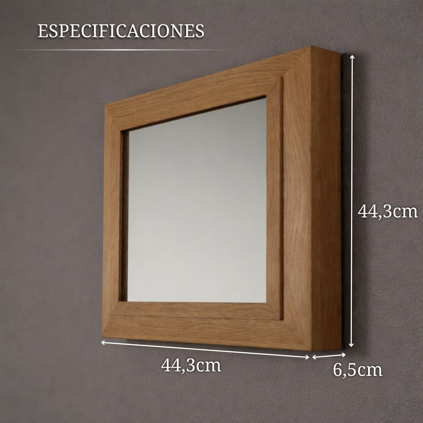 espejo de madera con compartimento secreto con medidas 44,3 x 44,3 cm y fondo de 6,5 cm para instalación en pared