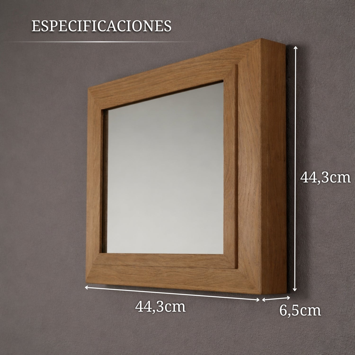 espejo de madera con compartimento secreto con medidas 44,3 x 44,3 cm y fondo de 6,5 cm para instalación en pared