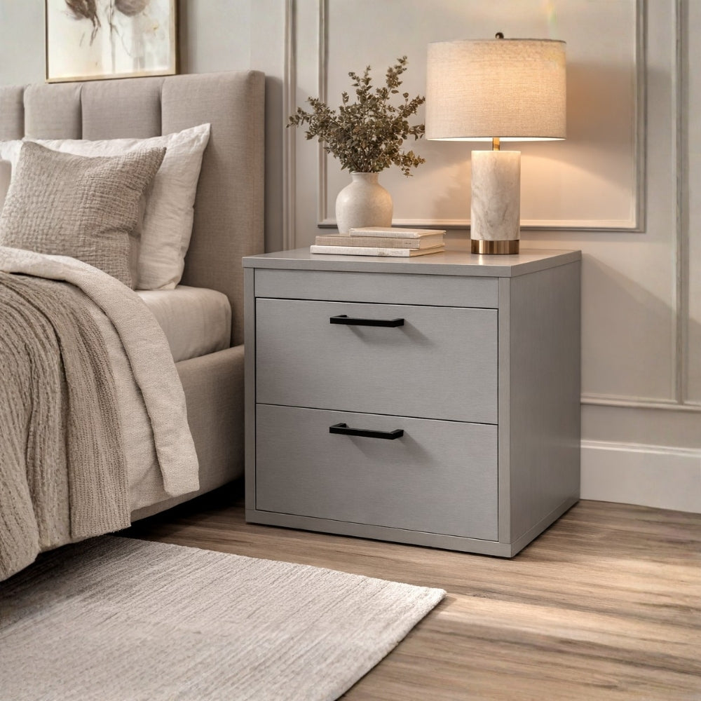 mesita de noche gris con compartimento secreto integrada en dormitorio moderno con almacenamiento oculto y diseño discreto