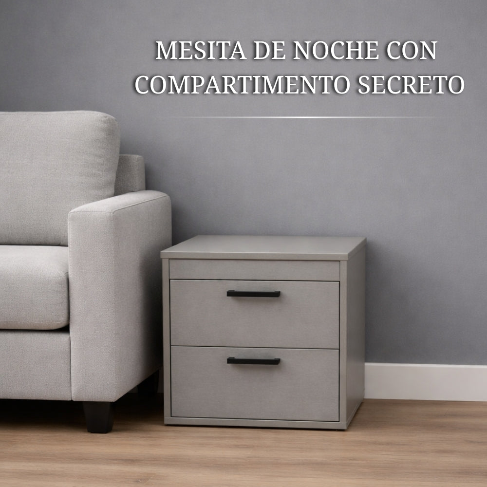 mesita de noche con compartimento secreto en color gris con diseño oculto para guardar objetos de valor de forma segura