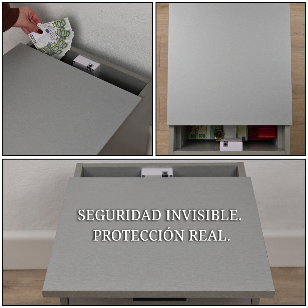 mesita de noche con compartimento secreto abierto mostrando sistema de ocultación para guardar dinero y objetos de valor con seguridad invisible