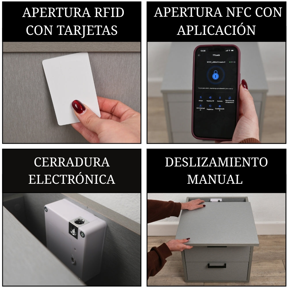 mesita de noche con compartimento secreto con apertura RFID NFC mediante tarjeta o móvil y sistema de deslizamiento manual oculto
