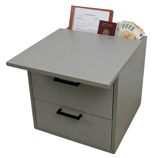 mesita de noche gris con compartimento secreto oculto con espacio para guardar dinero documentos y objetos de valor de forma discreta
