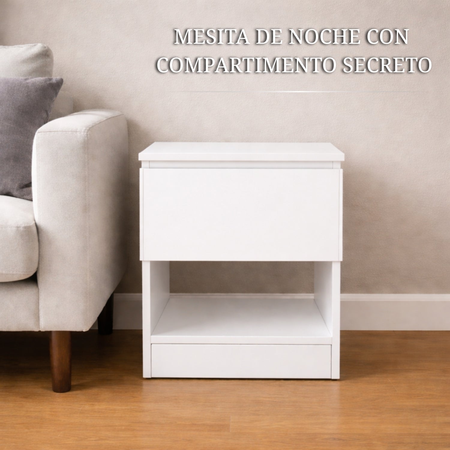 mesita de noche blanca con compartimento secreto tipo caja fuerte oculta diseño moderno para dormitorio