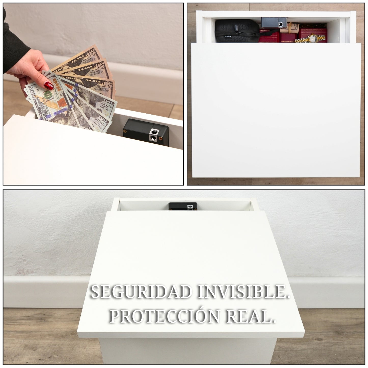 mesita de noche blanca con compartimento oculto mostrando almacenamiento seguro de dinero objetos y apertura del sistema secreto