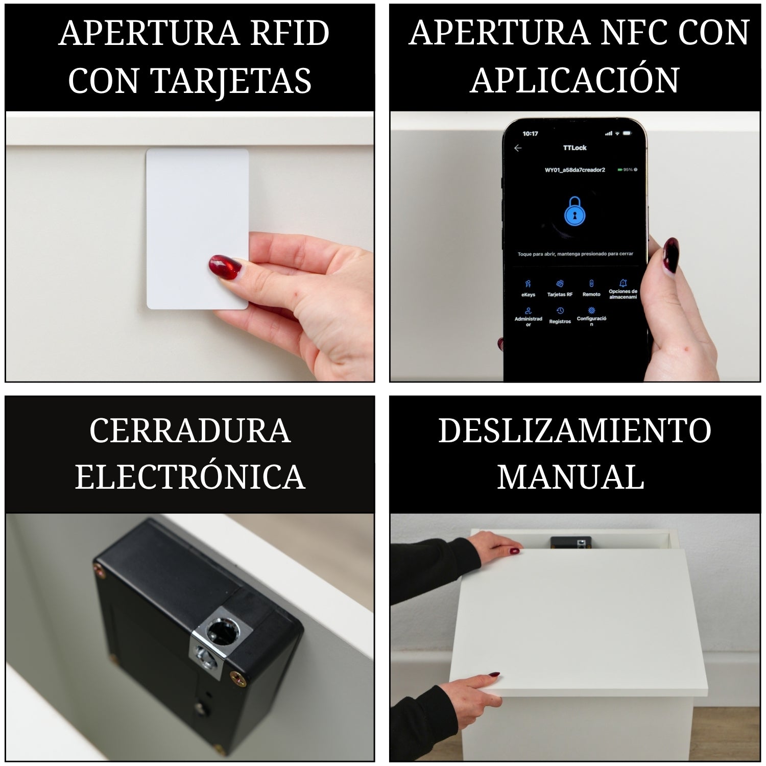 sistema de apertura de mesita de noche con compartimento secreto mediante tarjeta RFID aplicación móvil NFC y deslizamiento manual