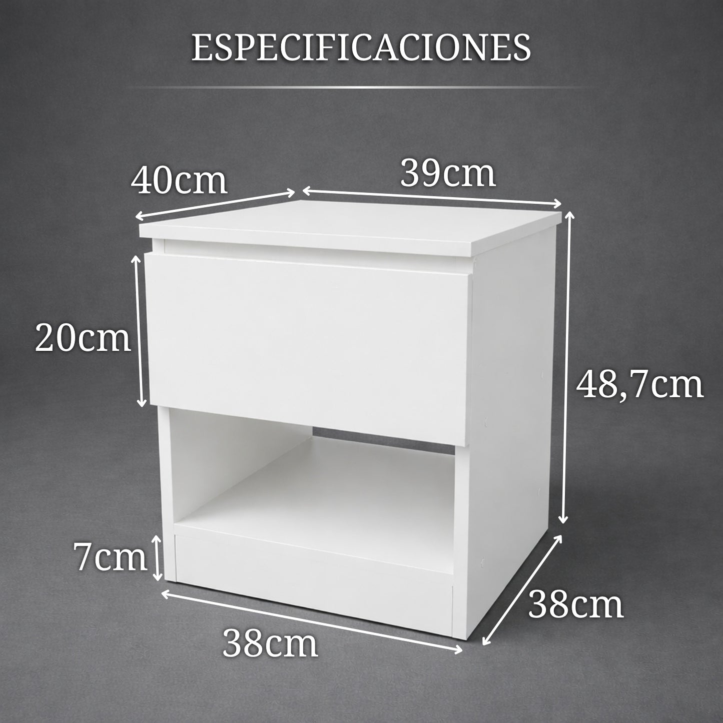 medidas de mesita de noche blanca con compartimento secreto dimensiones 40 cm ancho 39 cm fondo 48,7 cm alto