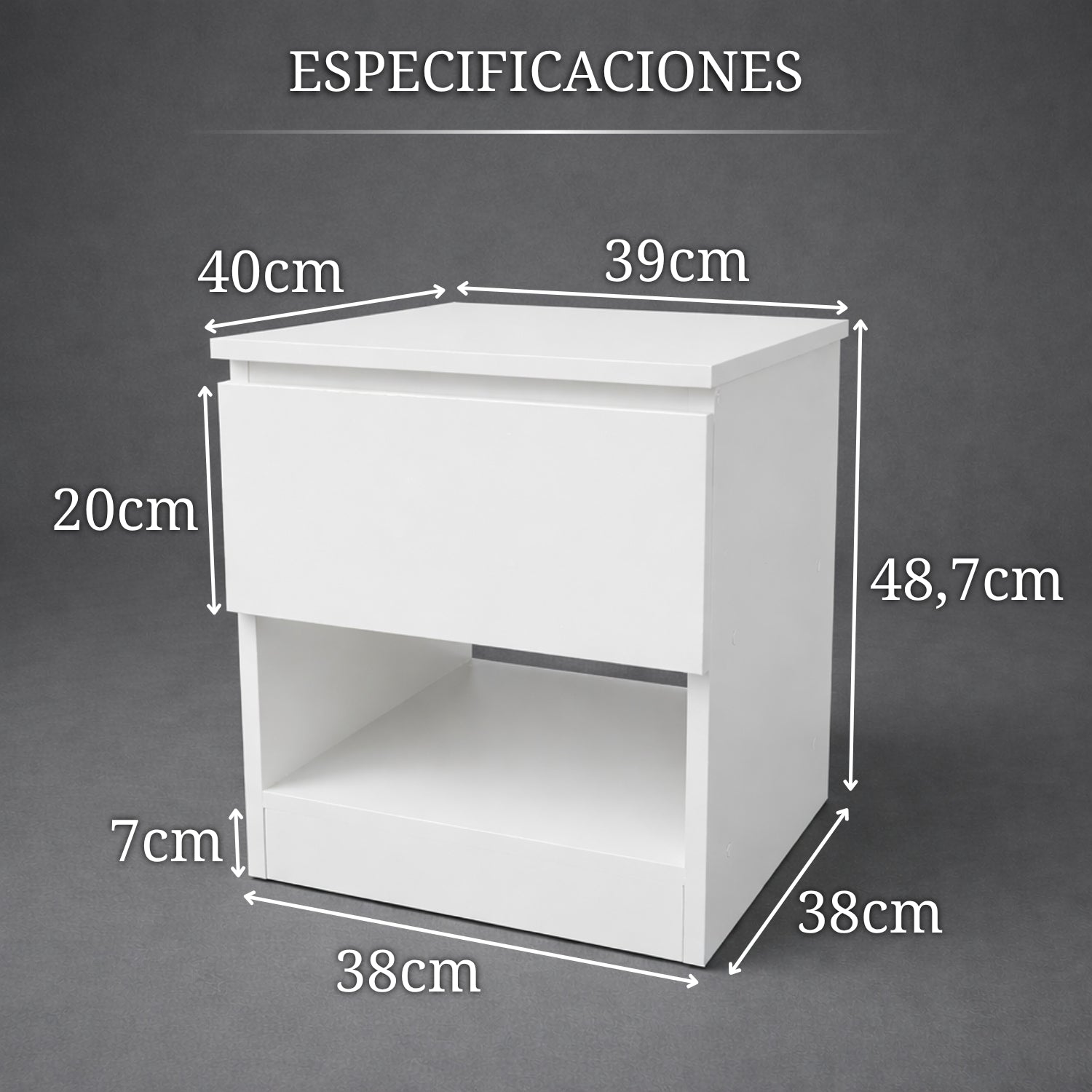 medidas de mesita de noche blanca con compartimento secreto dimensiones 40 cm ancho 39 cm fondo 48,7 cm alto