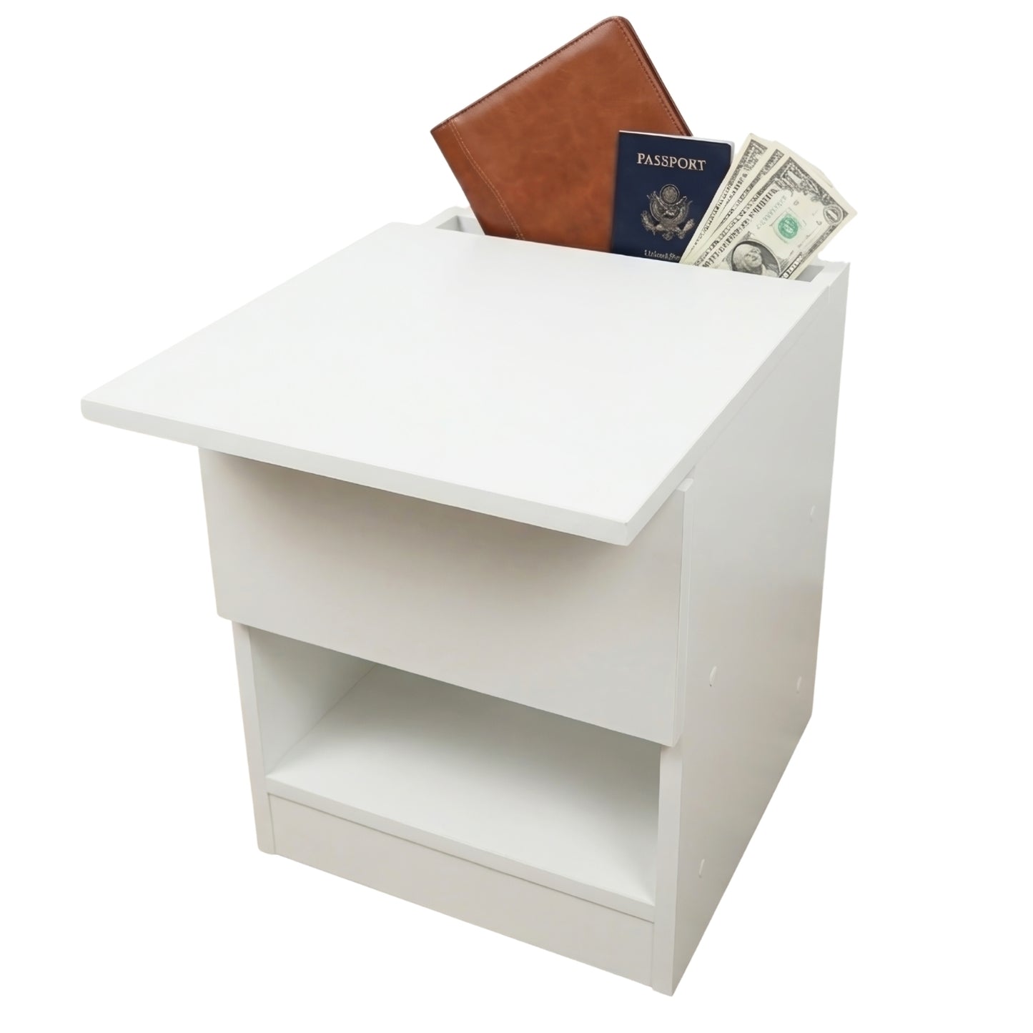 mesita de noche blanca con compartimento secreto oculto para guardar dinero documentos y objetos de valor