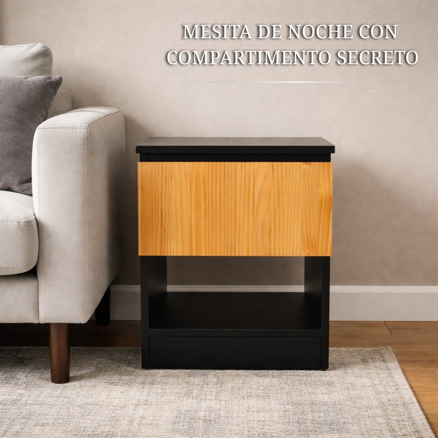 mesita de noche con compartimento secreto negro y madera con diseño moderno y sistema de almacenamiento oculto