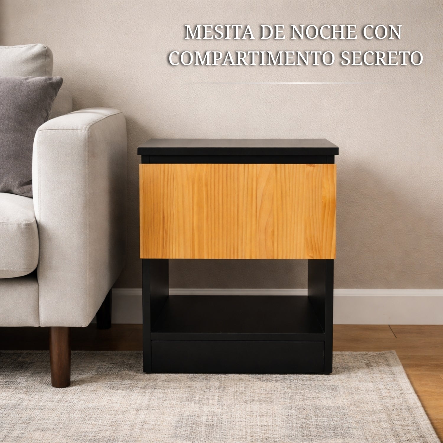 mesita de noche con compartimento secreto negro y madera con diseño moderno y sistema de almacenamiento oculto