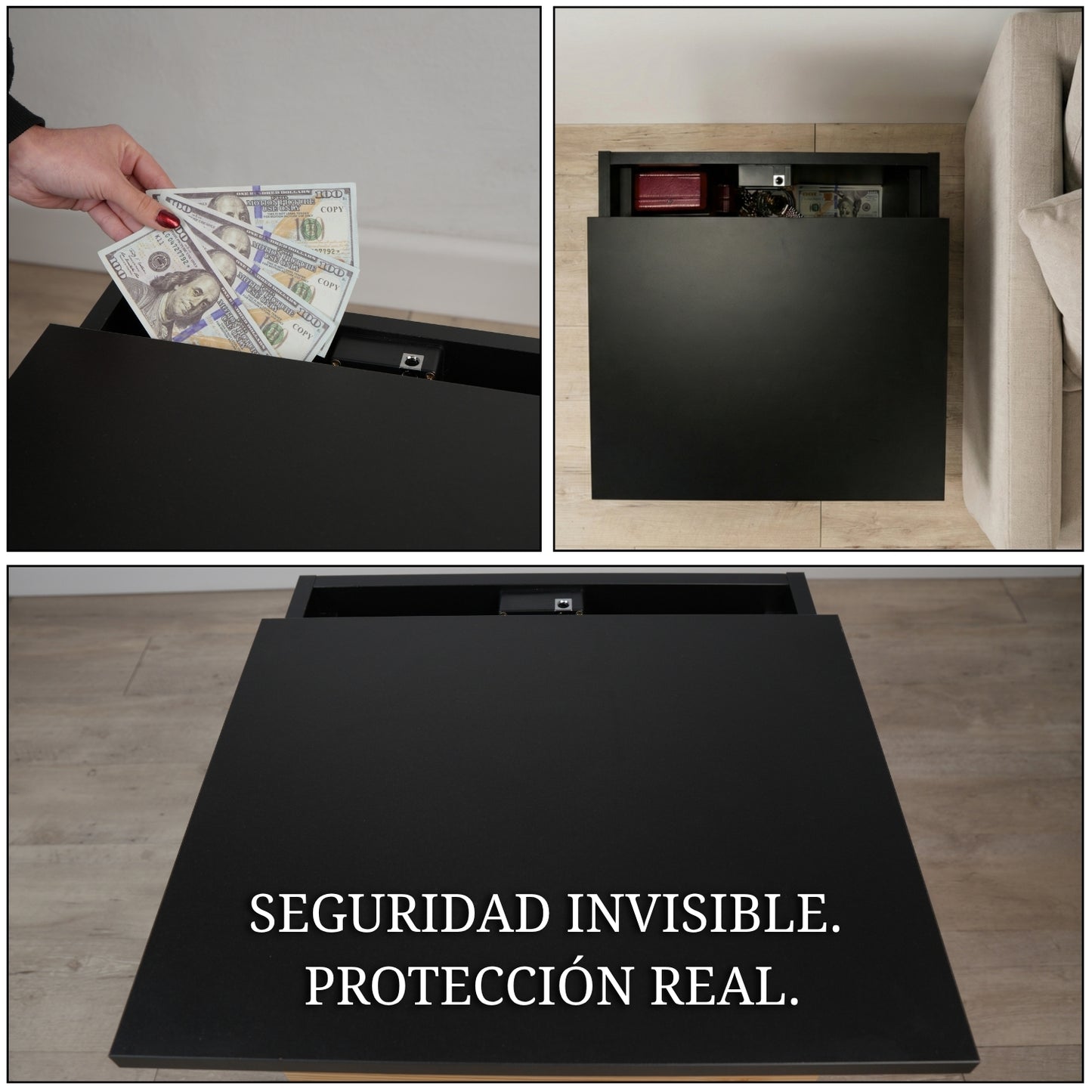 mueble con escondite secreto superior abierto con almacenamiento discreto para objetos de valor en el hogar