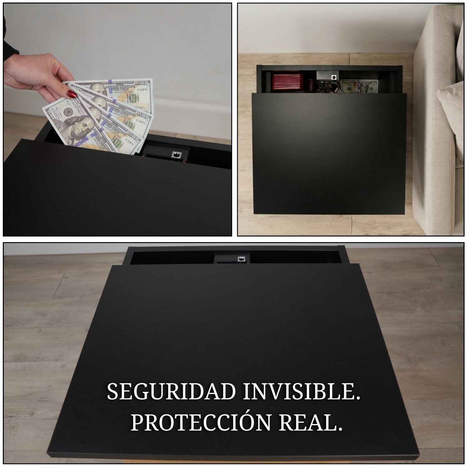 mueble con escondite secreto superior abierto con almacenamiento discreto para objetos de valor en el hogar