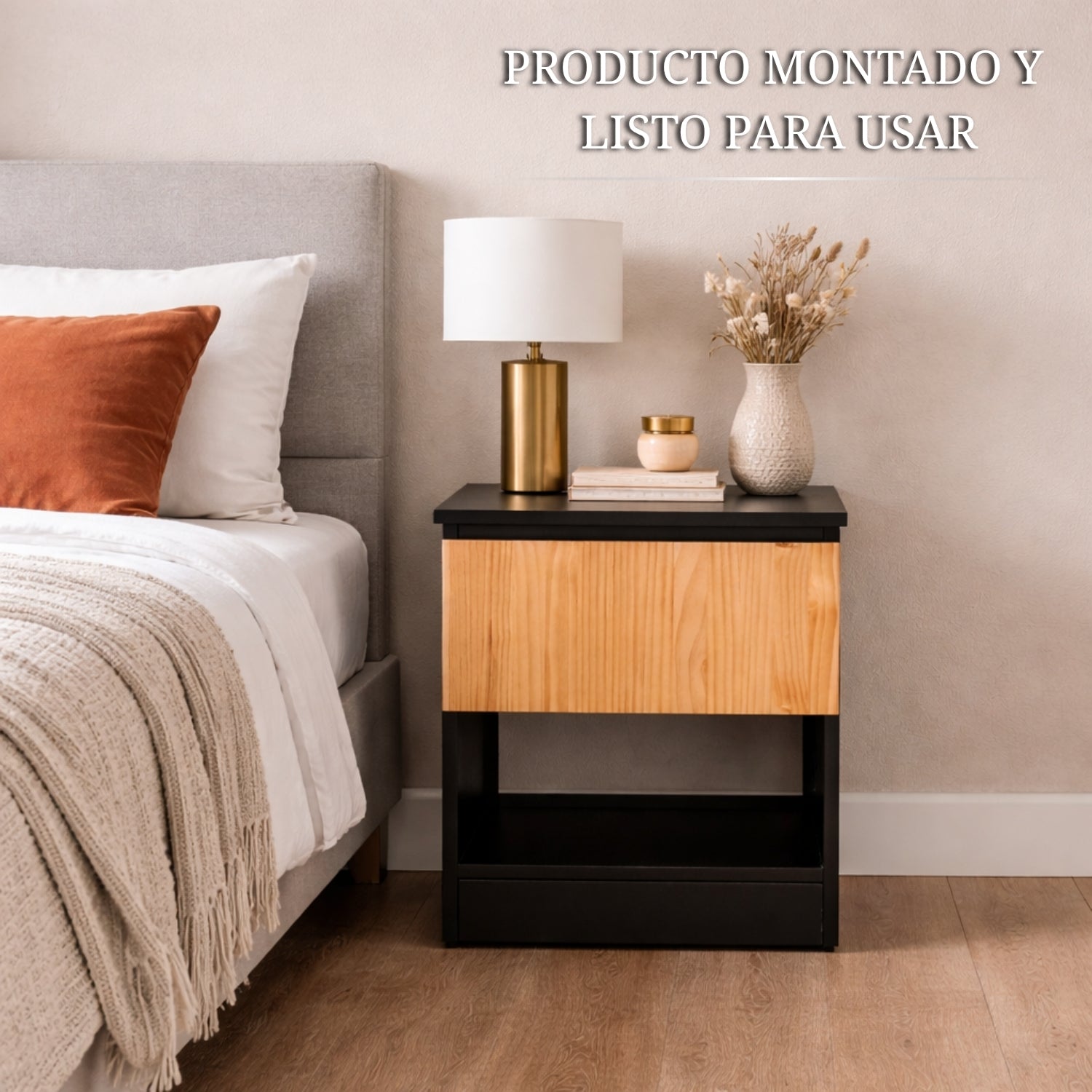 mesita de noche negra con frontal de madera y compartimento secreto lista para usar en dormitorio moderno