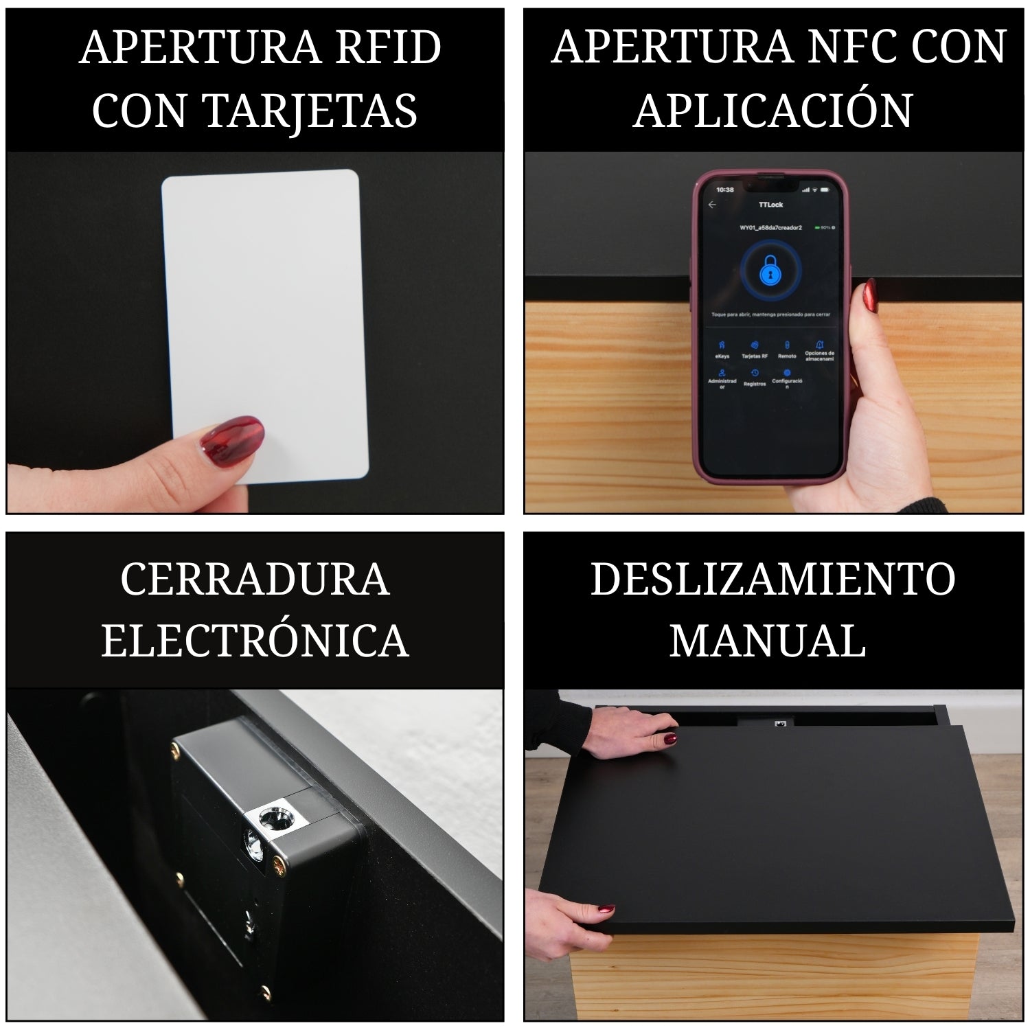mesita de noche con compartimento secreto con apertura RFID NFC mediante app cerradura electrónica y sistema de deslizamiento manual